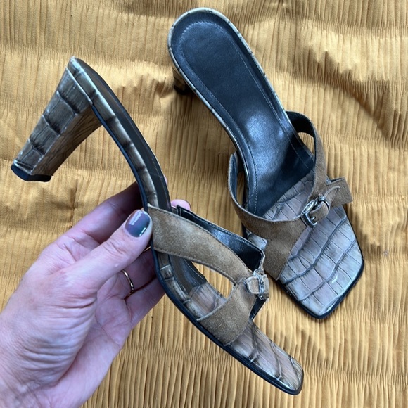 🛍️Square toe⚡️leather/faux croc slide neutral tan leather sandal sz 10 - Picture 1 of 6